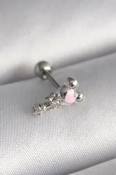 316L Çelik Gümüş Renk Zirkon Taş Detay Pembe Kalp İşleme Tragus Piercing 5886