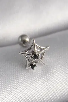 316L Çelik Gümüş Renk Siyah Zirkon Taş Detay Örümcek Ağ Model Tragus Piercing 5886