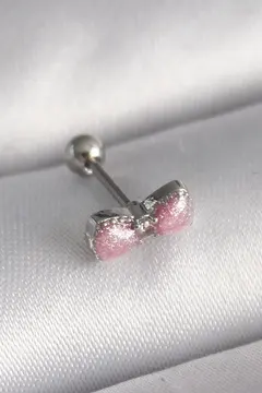 316L Çelik Gümüş Renk Pembe Kurdele Zirkon Taş Detay Tragus Piercing 5886