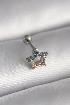 316L Çelik Gümüş Renk Renkli Zirkon Taşlı Yıldız Model Tragus Piercing 5886