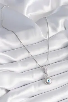 316L Çelik Gümüş Renk Zirkon Taşlı Nazar Boncuk Model Kadın Kolye 5886
