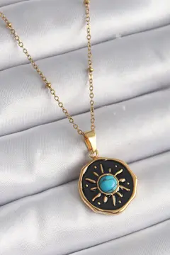 316L Çelik Gold Renk Mavi Boncuk Güneş İşleme Madalyon Model Kadın Kolye 5886