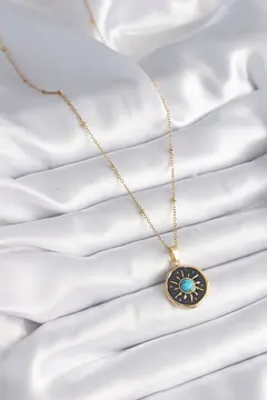 316L Çelik Gold Renk Mavi Boncuk Güneş İşleme Madalyon Model Kadın Kolye 5886