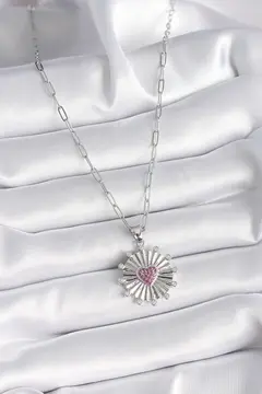 316L Çelik Gümüş Renk Pembe Zirkon Taşlı Kalp İşleme Madalyon Model Kadın Kolye 5886