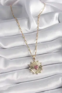 316L Çelik Gold Renk Pembe Zirkon Taşlı Kalp İşleme Madalyon Model Kadın Kolye 5886