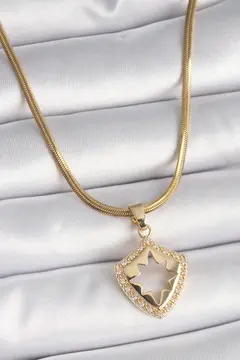 316L Çelik Gold Renk İtalyan Zincir Zirkon Taşlı Kutup Yıldız İşleme Kadın Kolye 5886