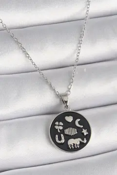 316L Çelik Gümüş Renk Siyah Renk Şans Kolyesi 5886