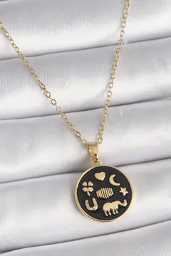316L Çelik Gold Renk Siyah Şans Kolyesi 5886