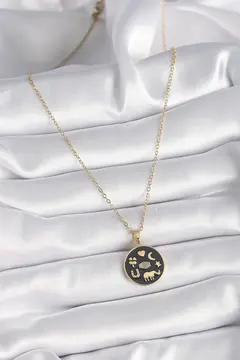 316L Çelik Gold Renk Siyah Şans Kolyesi 5886