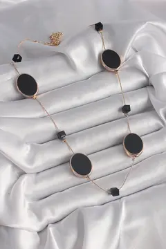 Pirinç Gold Renk Siyah Renk Oval Siyah Küp Detay Kadın Kolye 5886