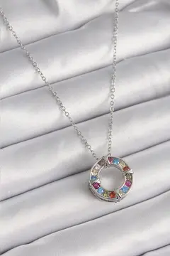 316L Çelik Gümüş Renk Zincir Renkli Zirkon Taşlı Xoxo Model Kadın Kolye 5886