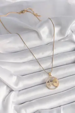 316L Çelik Gold Renk Zincir Zirkon Taşlı Yıldız İşleme Madalyon Model Kadın Kolye 5886