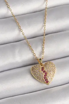 316L Çelik Gold Renk Zincir Zirkon Taşlı Kalp Model Kadın Kolye 5886