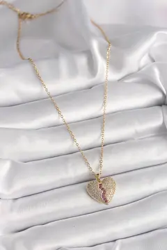 316L Çelik Gold Renk Zincir Zirkon Taşlı Kalp Model Kadın Kolye 5886