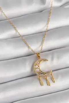 316L Çelik Gold Renk Zincir Zirkon Taşlı Hilal Model Sallantı Yaprak Detay Kadın Kolye 5886