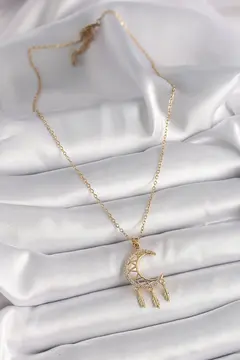 316L Çelik Gold Renk Zincir Zirkon Taşlı Hilal Model Sallantı Yaprak Detay Kadın Kolye 5886