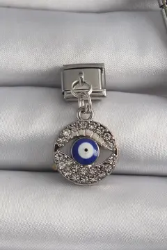 316L Çelik Gümüş Renk Sallantı Zirkon Taşlı Göz Model Nazar Boncuk Detay Nomination Charm 5886