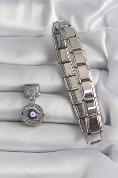 316L Çelik Gümüş Renk Sallantı Zirkon Taşlı Göz Model Nazar Boncuk Detay Nomination Charm 5886