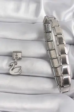 316L Çelik Gümüş Renk Sallantı Beyaz Kuğu Model Nomination Charm 5886
