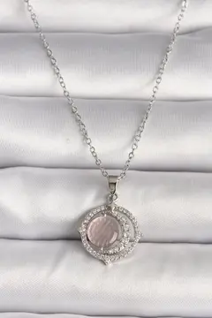 316L Çelik Gümüş Renk Zirkon Taşlı Pembe Sedefli Hilal Model Kadın Kolye 5886