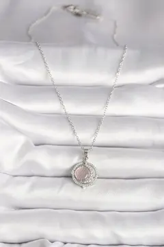 316L Çelik Gümüş Renk Zirkon Taşlı Pembe Sedefli Hilal Model Kadın Kolye 5886