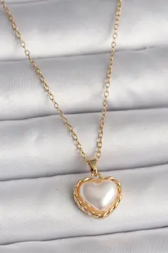 316L Çelik Gold Renk Zincir 3D İnci Kalp Model Kadın Kolye 5886