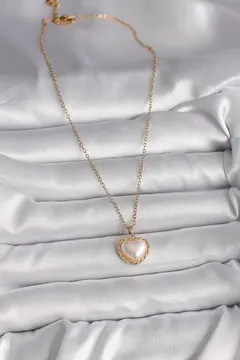 316L Çelik Gold Renk Zincir 3D İnci Kalp Model Kadın Kolye 5886