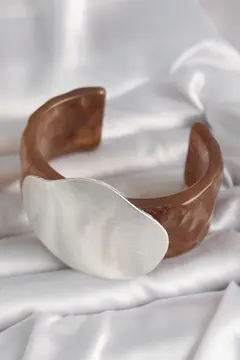 Kahverengi Mermer Desen Akrilik Plastik Gümüş Plaka Model Vintage Kadın Bilezik 5886