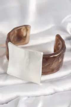 Kahverengi Mermer Desen Akrilik Plastik Gümüş Kare Plaka Model Vintage Kadın Bilezik 5886