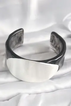 Siyah Mermer Desen Akrilik Plastik Gümüş Oval Plaka Model Vintage Kadın Bilezik 5886