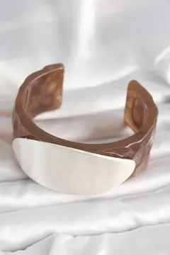Kahverengi Mermer Desen Akrilik Plastik Gümüş Oval Plaka Model Vintage Kadın Bilezik 5886