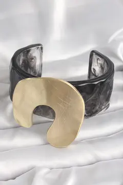 Siyah Mermer Desen Akrilik Plastik Gold Nal Model Plaka Vintage Kadın Bilezik 5886