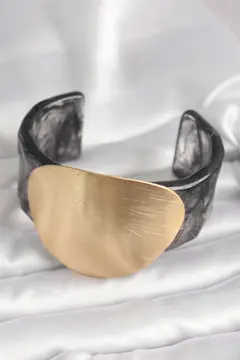 Siyah Mermer Desen Akrilik Plastik Gold Daire Plaka Model Vintage Kadın Bilezik 5886