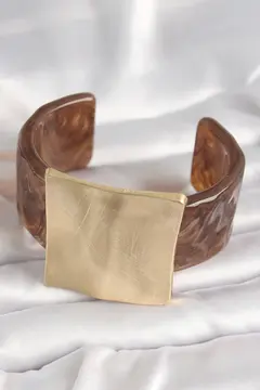 Kahverengi Mermer Desen Akrilik Plastik Gold Kare Plaka Model Vintage Kadın Bilezik 5886