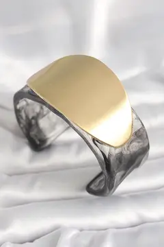 Siyah Mermer Desen Akrilik Plastik Gold Oval Plaka Model Vintage Kadın Bilezik 5886