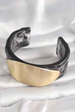 Siyah Mermer Desen Akrilik Plastik Gold Oval Plaka Model Vintage Kadın Bilezik 5886
