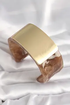 Kahverengi Mermer Desen Akrilik Platik Gold Dikdörtgen Plaka Model Vintage Kadın Bilezik 5886