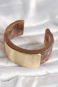Kahverengi Mermer Desen Akrilik Platik Gold Dikdörtgen Plaka Model Vintage Kadın Bilezik 5886