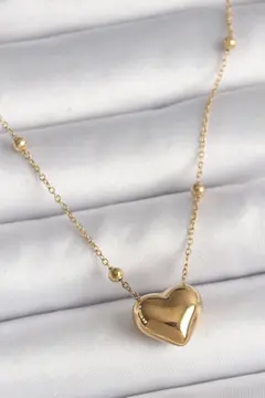 316L Çelik Gold Renk Topçuk Detaylı Zincir Kalp Model Kadın Kolye 5886