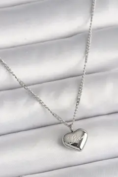 316L Çelik Gümüş Renk Zincir Love İşleme Kalp Figür Kadın Kolye 5886