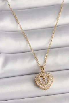 316L Çelik Gold Renk Zincir Zirkon Taşlı Kalp Model Kadın Kolye 5886