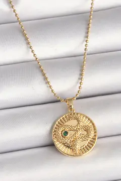 316L Çelik Gold Renk Topçuk Zincir Yılan İşlemeli Zirkon Taş Detaylı Madalyon Model Kadın Kolye 5886