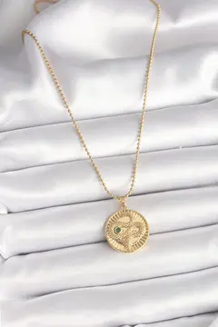 316L Çelik Gold Renk Topçuk Zincir Yılan İşlemeli Zirkon Taş Detaylı Madalyon Model Kadın Kolye 5886