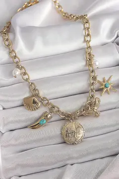 316L Çelik Gold Renk Zincir Sallantılı Çoklu Figür Model Kadın Kolye 5886