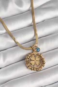 316L Çelik Gold Renk İtalyan Zincir Dorika Yonca Model Nazar Boncuk Detay Kadın Kolye 5886