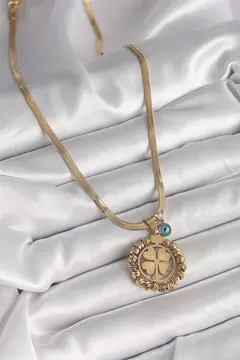 316L Çelik Gold Renk İtalyan Zincir Dorika Yonca Model Nazar Boncuk Detay Kadın Kolye 5886