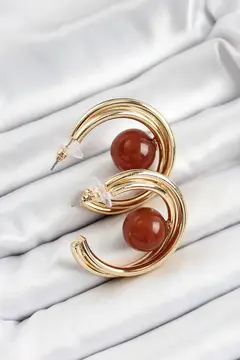 Pirinç Gold Renk Halka Model Kahverengi Boncuk Detay Kadın Küpe 5886