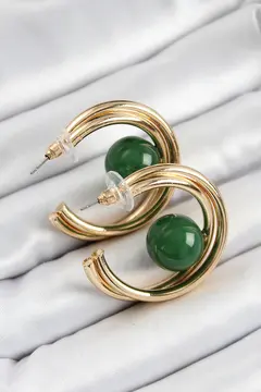 Pirinç Gold Renk Halka Model Yeşil Boncuk Detay Kadın Küpe 5886