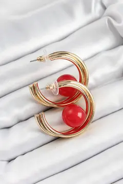 Pirinç Gold Renk Halka Model Kırmızı Boncuk Detay Kadın Küpe 5886