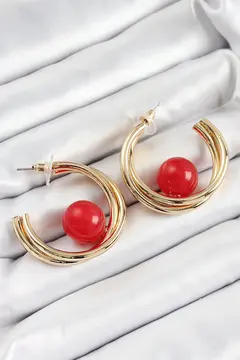 Pirinç Gold Renk Halka Model Kırmızı Boncuk Detay Kadın Küpe 5886